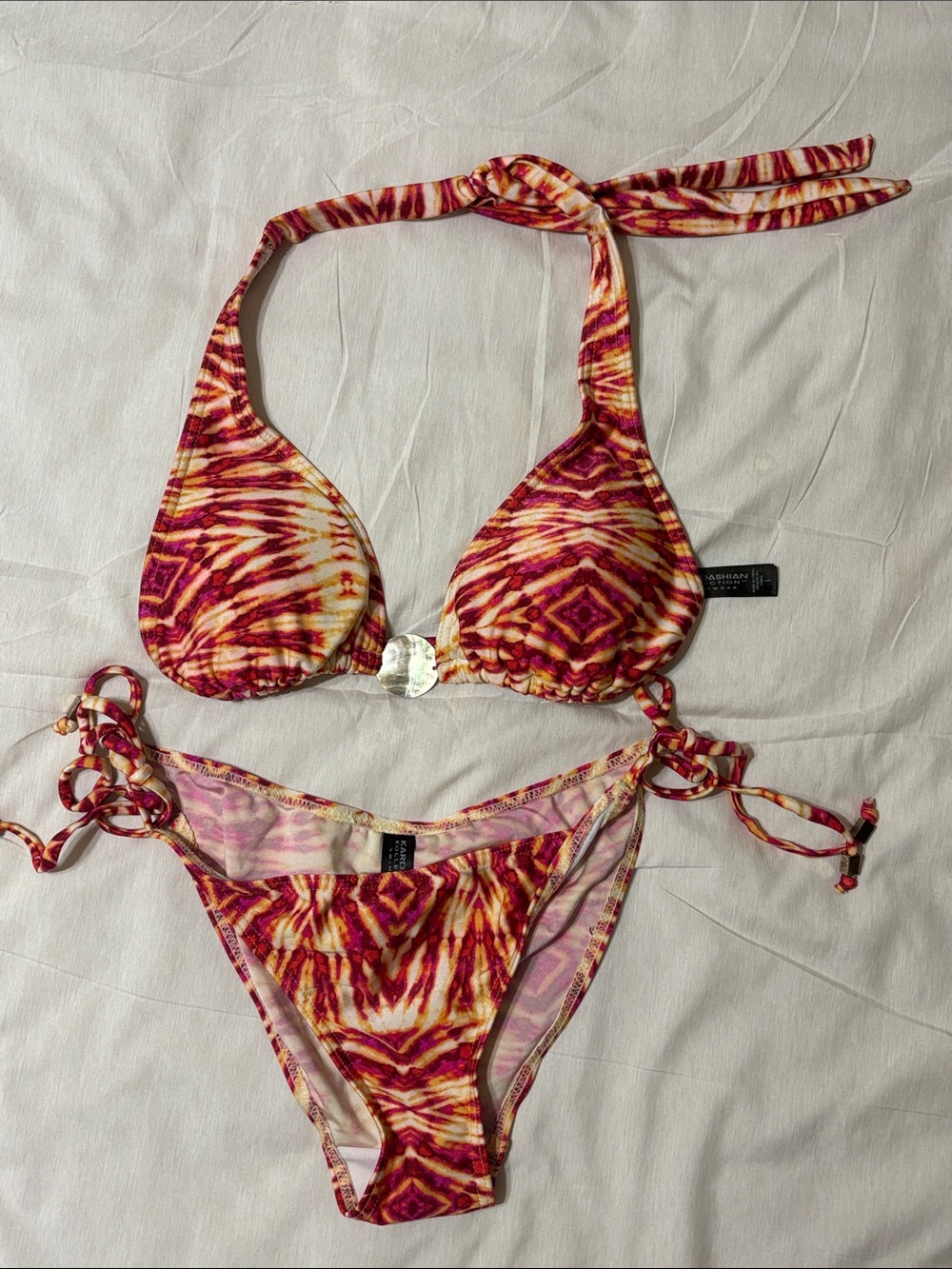 Kardashian Kollection Red & Yellow Tie-Dye Halter Bikini